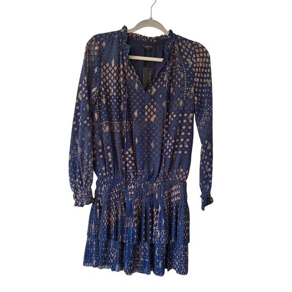 Anthropologie Current Air XS Taken In Teal Gold Navy Mini Dress Pleated - Picture 2 of 13